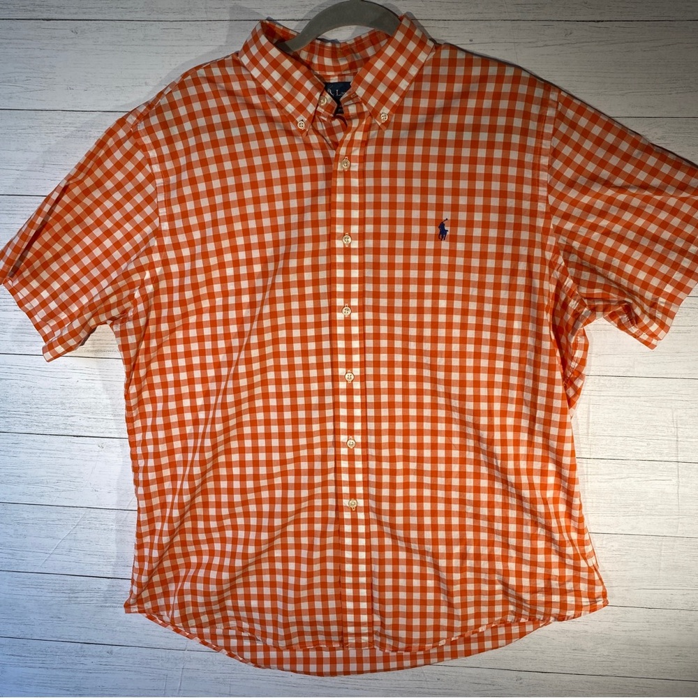 Ralph Lauren XL button down collar short sleeve shirt orange white gingham check